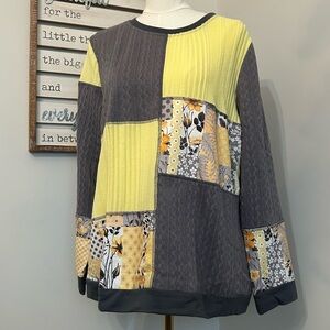 Patchwork Colorblock Knit Sweater Gray Yellow Long Sleeve Fun Design Size XXL